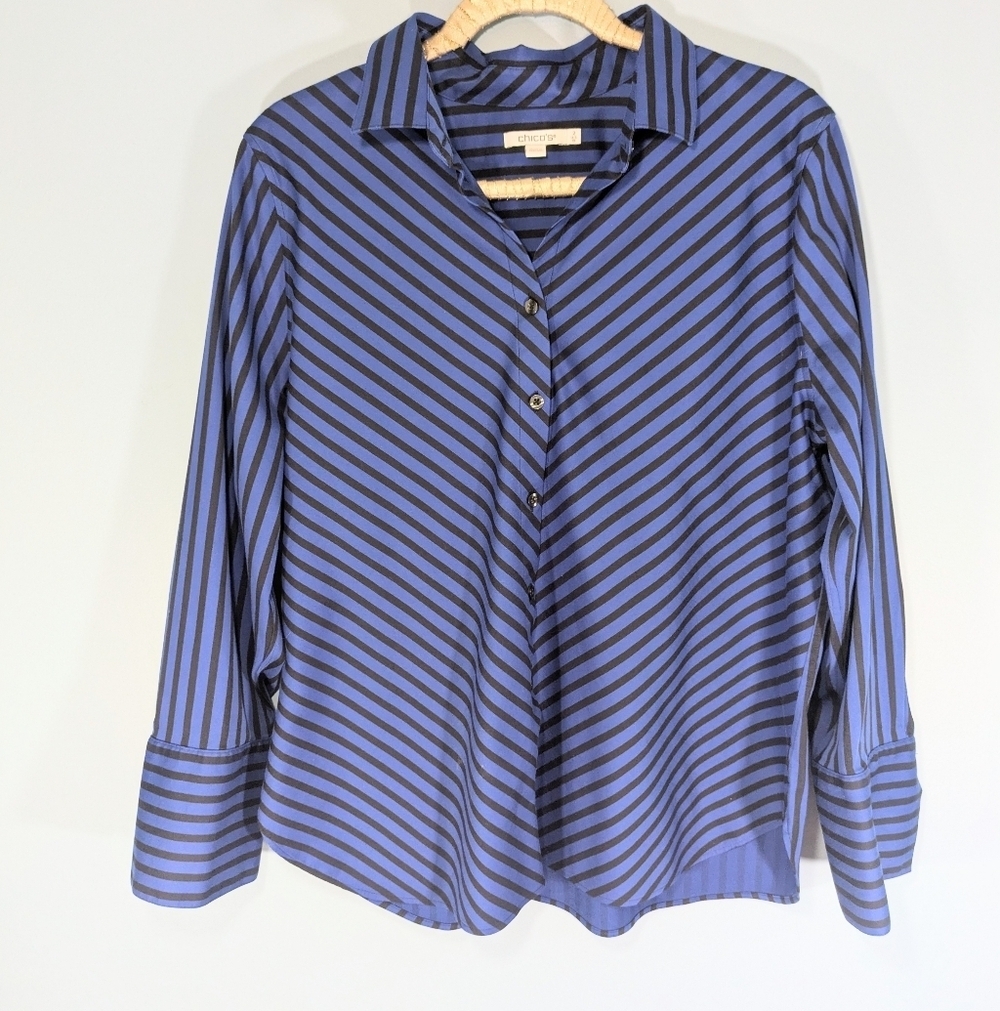Chicos Navy and Black Striped Button Down Non-Iron Shirt